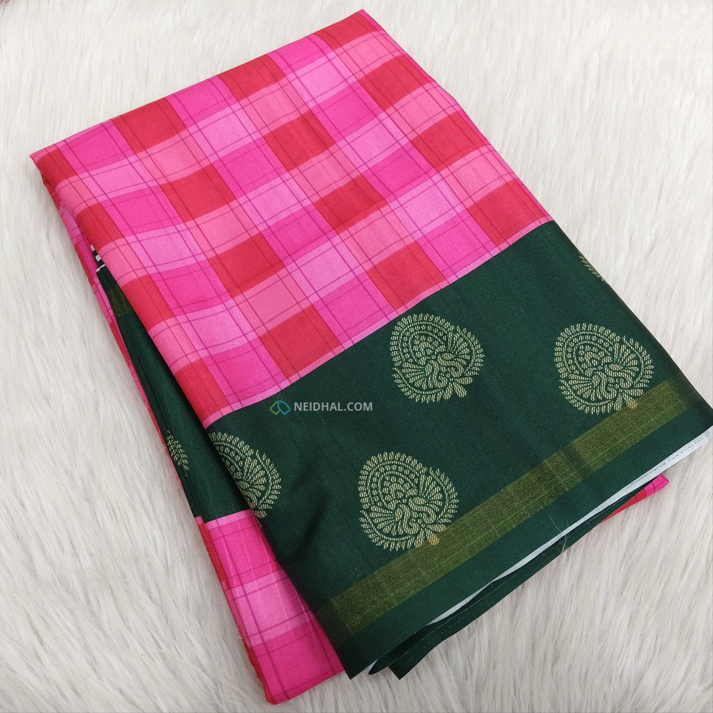 Pink checked printed semi chappa silk saree ns36-Neidhal