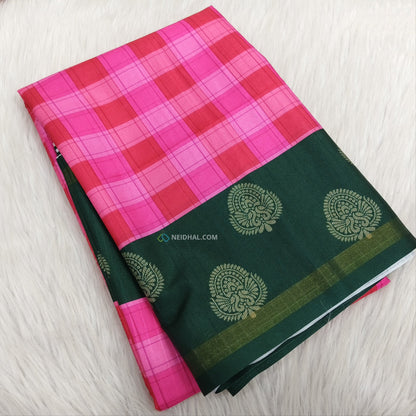Pink checked printed semi chappa silk saree ns36-Neidhal