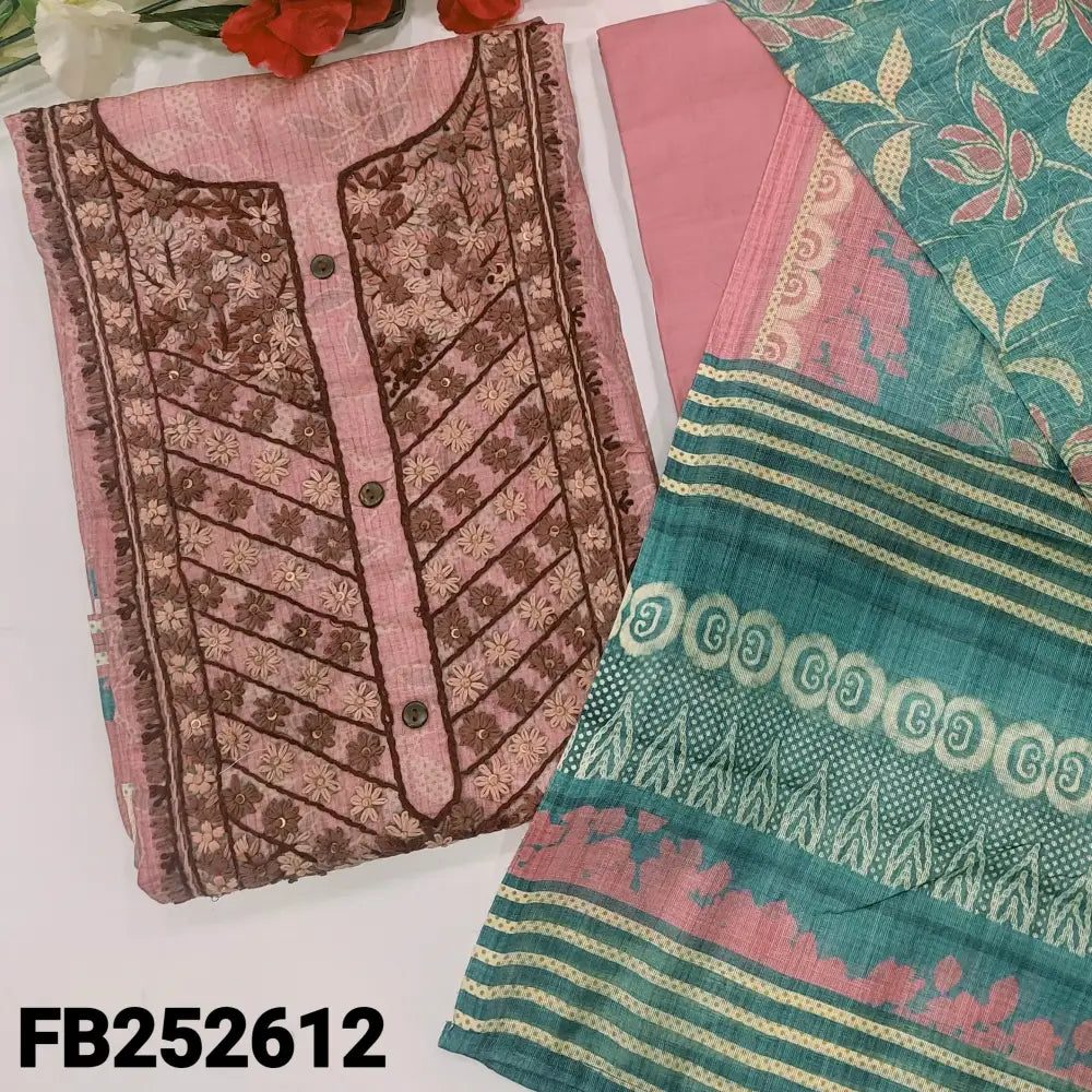 CODE FB252612: Pink designer digital printed silk cotton unstitched salwar material heavy hand embroidered