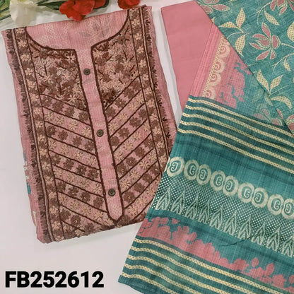 CODE FB252612: Pink designer digital printed silk cotton unstitched salwar material heavy hand embroidered