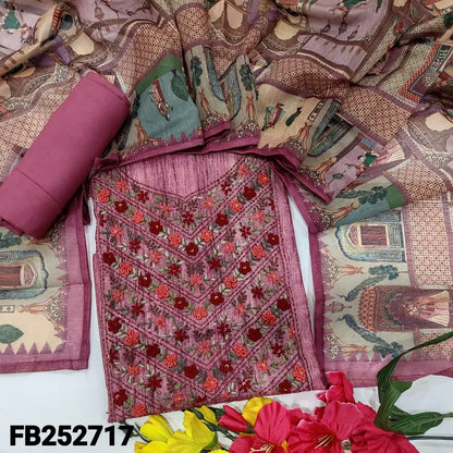 CODE FB252717: Pink digital printed silk cotton unstitched salwar material rich hand embroidered on yoke(thin fabric