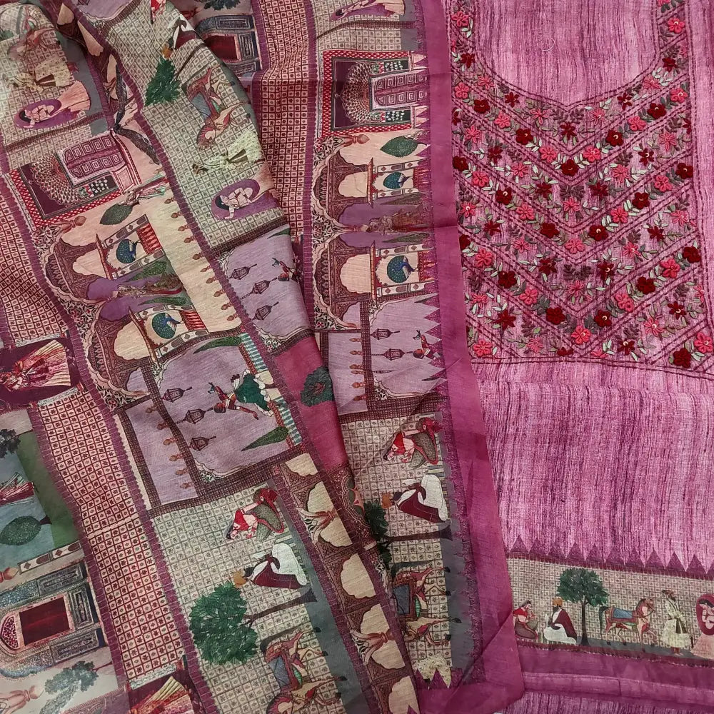 CODE FB252717: Pink digital printed silk cotton unstitched salwar material rich hand embroidered on yoke(thin fabric