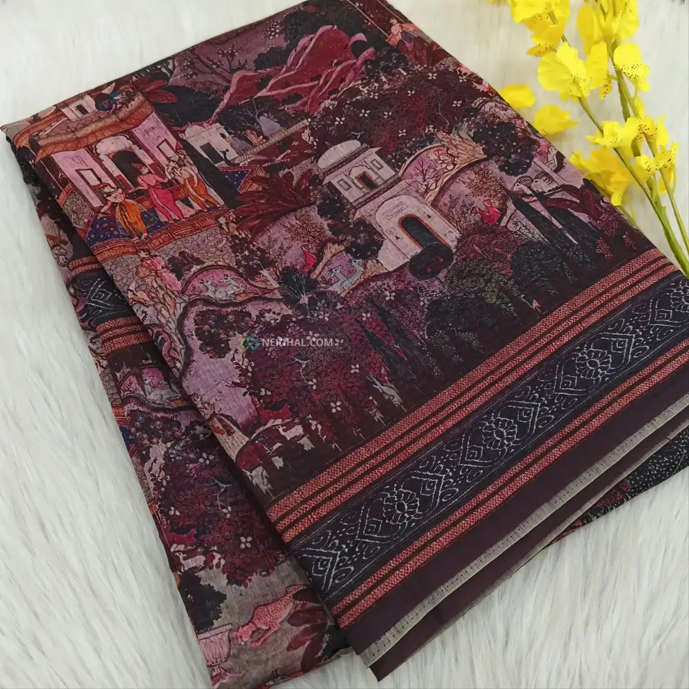 CODE NS21: Pink shade digital printed silk cotton saree(thin& light weight)striped pattern pallu zigzag printed blouse