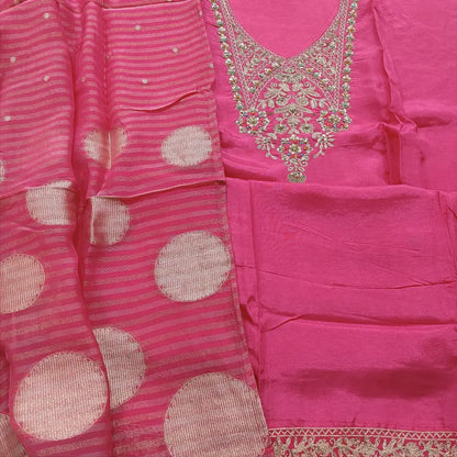 CODE FB252620: Bright pink designer pure dola silk unstitched salwar material heavy work on yoke zari borders