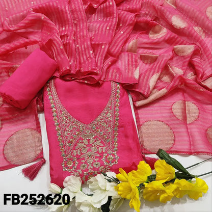 CODE FB252620: Bright pink designer pure dola silk unstitched salwar material heavy work on yoke zari borders