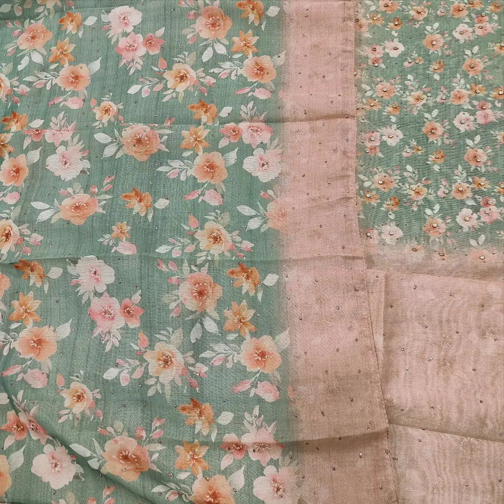 CODE MR250117: Pale pink sobar floral printed tissue silk cotton unstitched salwar material glitter work