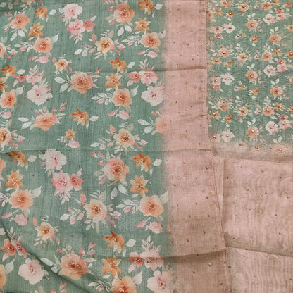 CODE MR250117: Pale pink sobar floral printed tissue silk cotton unstitched salwar material glitter work