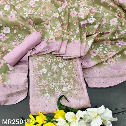 CODE MR250115: Pink sobar floral printed tissue silk cotton unstitched salwar material glitter work on front(chumki