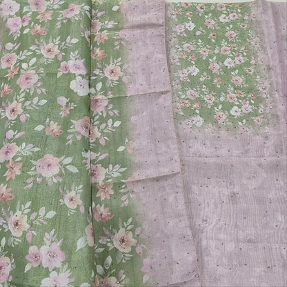 CODE MR250115: Pink sobar floral printed tissue silk cotton unstitched salwar material glitter work on front(chumki