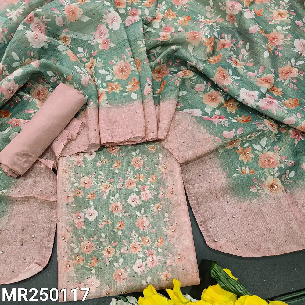 CODE MR250117: Pale pink sobar floral printed tissue silk cotton unstitched salwar material glitter work