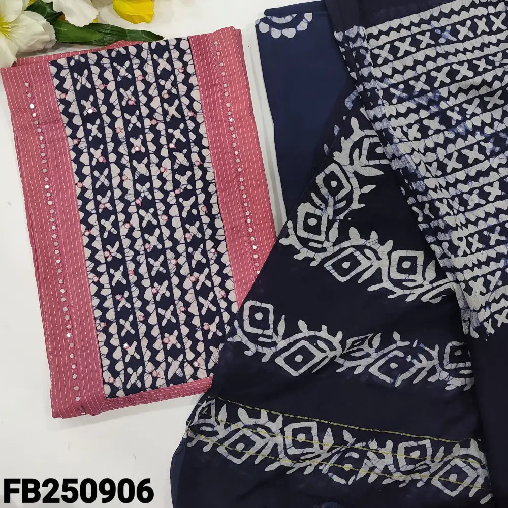 CODE FB250906: Pink pure kantha cotton unstitched salwar material batik dyed yoke with faux mirror work (lining