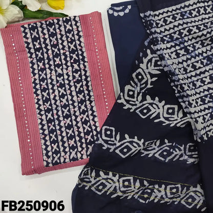 CODE FB250906: Pink pure kantha cotton unstitched salwar material batik dyed yoke with faux mirror work (lining