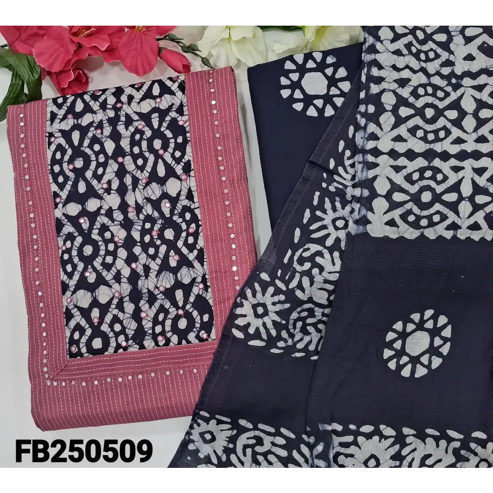 CODE FB250509: Pink kantha cotton unstitched salwar material batik dyed yoke with faux mirror work (lining