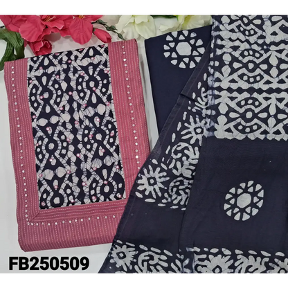 CODE FB250509: Pink kantha cotton unstitched salwar material batik dyed yoke with faux mirror work (lining