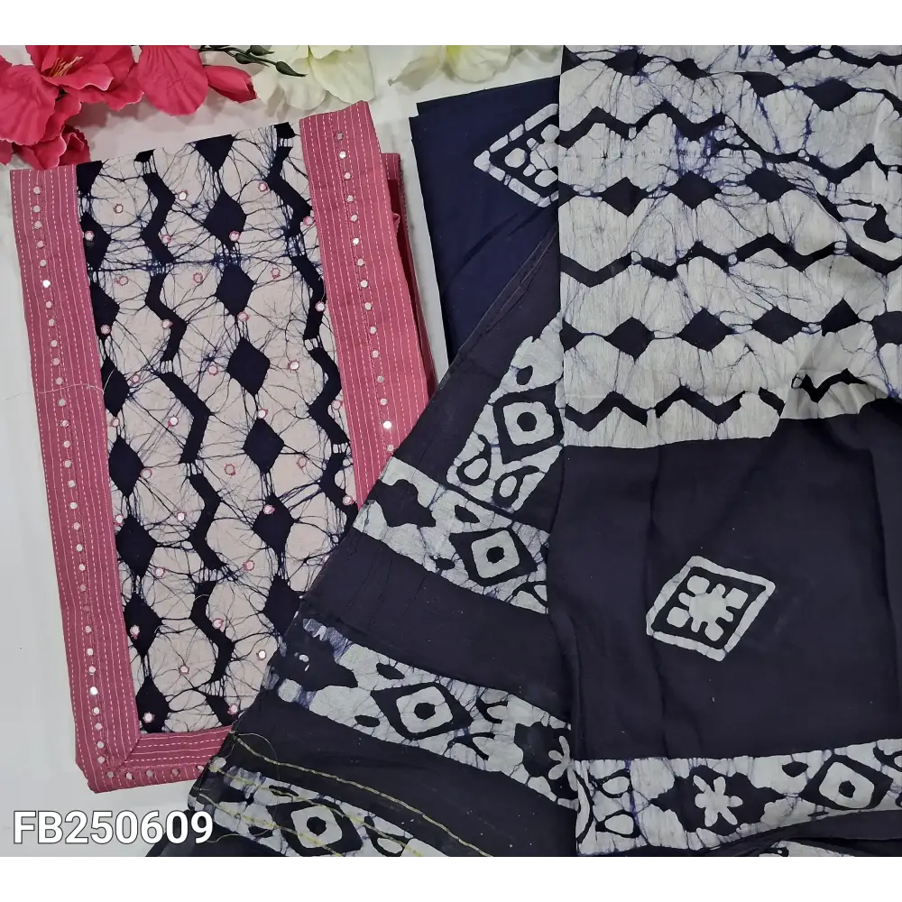 CODE FB250609: Pink pure kantha cotton unstitched salwar material batik dyed yoke with faux mirror work (lining