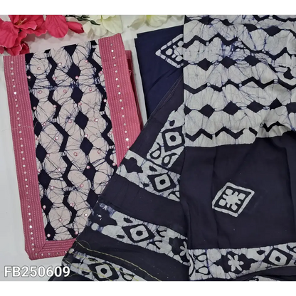 CODE FB250609: Pink pure kantha cotton unstitched salwar material batik dyed yoke with faux mirror work (lining