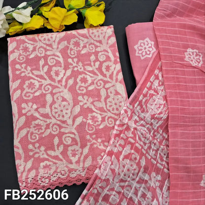 CODE FB252606: Pink original wax batik dyed pure jakard cotton unstitched salwar material lace work on daman(lining
