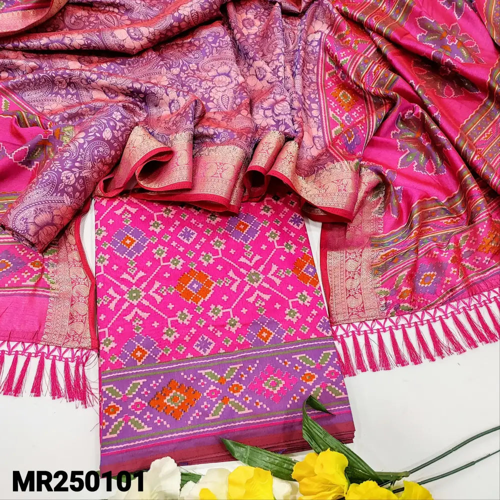 CODE MR250101: Bright pink patola printed fancy silk cotton unstitched salwar material(thin fabric lining needed)purple