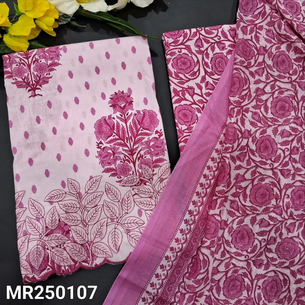 CODE MR250107: Pale pink printed soft cotton unstitched salwar material embroidered on daman(thin fabric lining