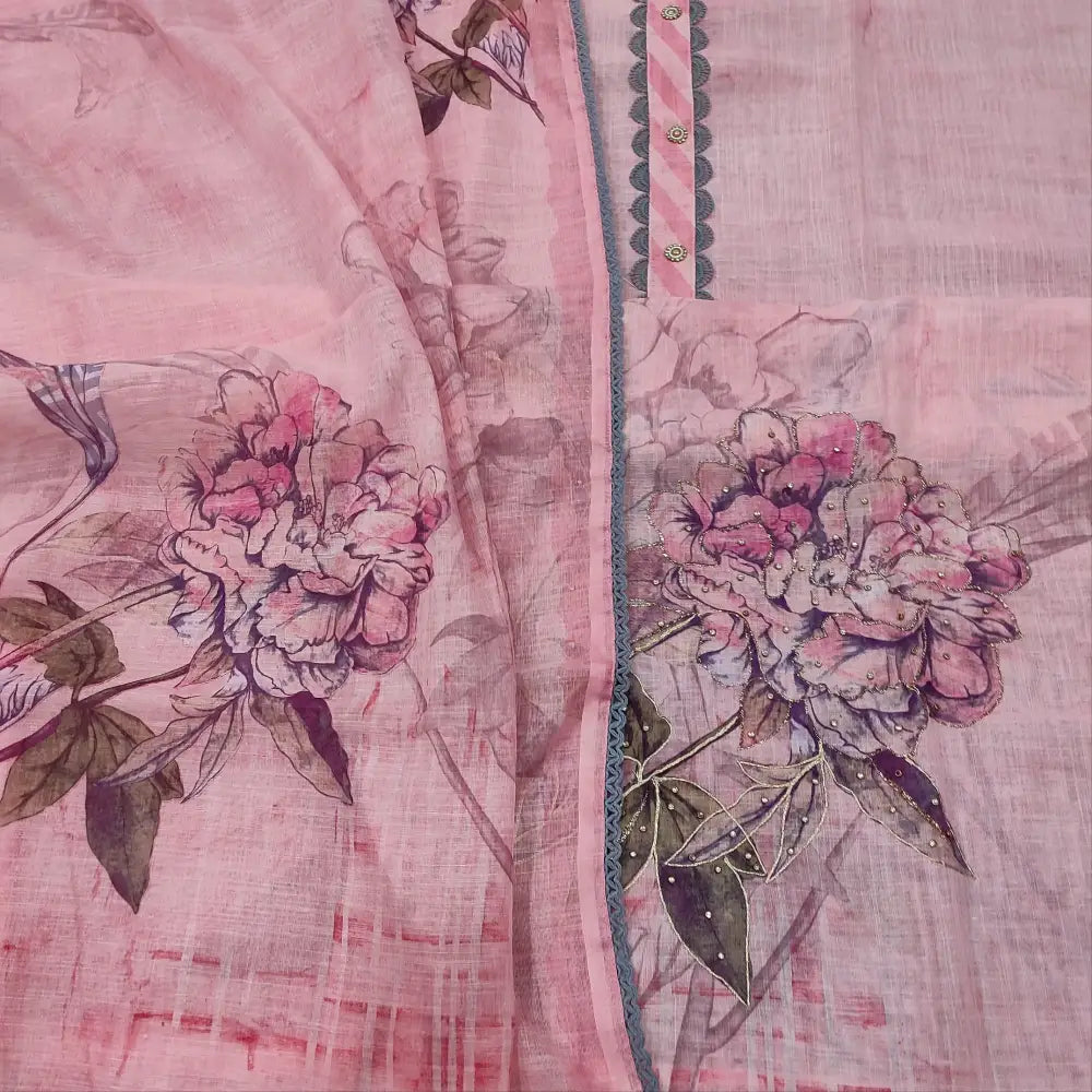 CODE FB250608: Pink semi linen unstitched salwar material zari& zardozi work on daman(thin fabric lining