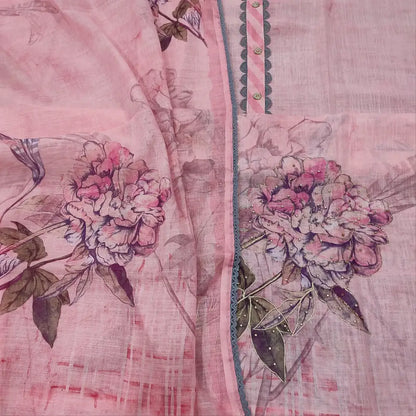 CODE FB250608: Pink semi linen unstitched salwar material zari& zardozi work on daman(thin fabric lining