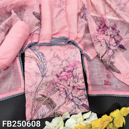 CODE FB250608: Pink semi linen unstitched salwar material zari& zardozi work on daman(thin fabric lining