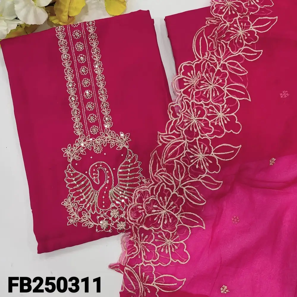 CODE FB250311: Bright pink soft silk cotton unstitched salwar material zari& bead work on yoke(soft fabric lining