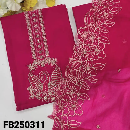 CODE FB250311: Bright pink soft silk cotton unstitched salwar material zari& bead work on yoke(soft fabric lining