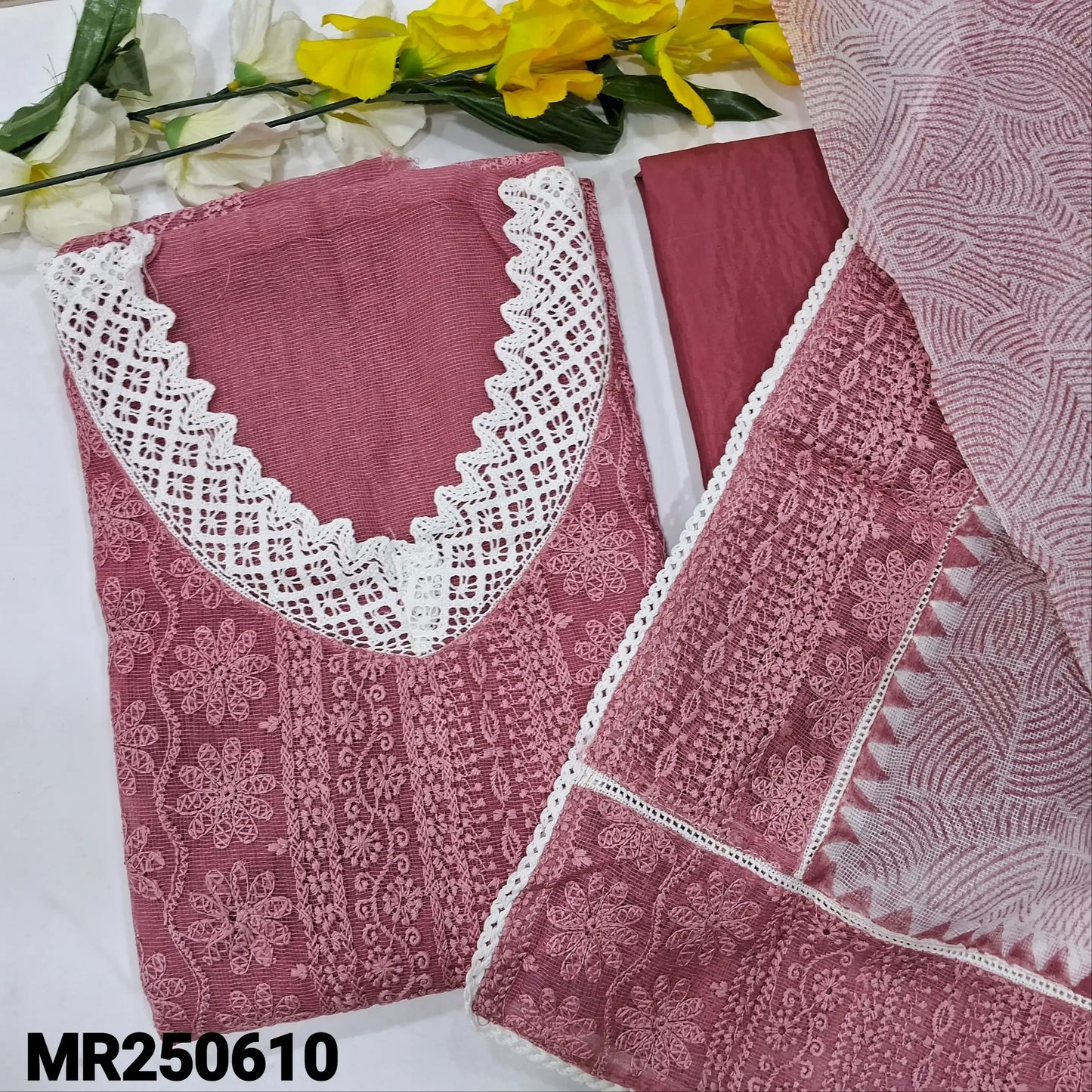 Pink V-Neck Self Embroidered Super Net Salwar Material | Neidhal