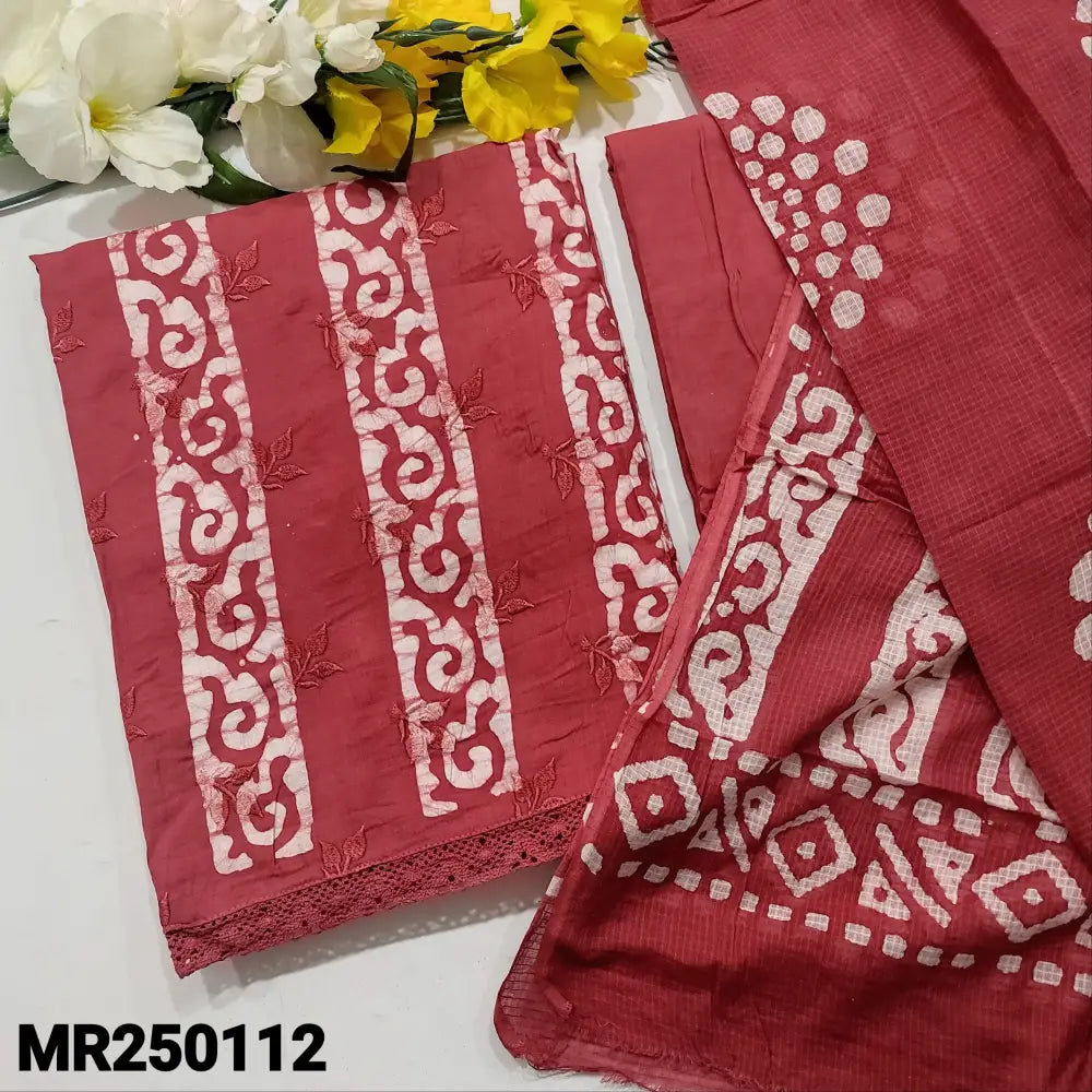 CODE MR250112: Dark pink original wax batik dyed pure cotton unstitched salwar material embroidered on front lace work