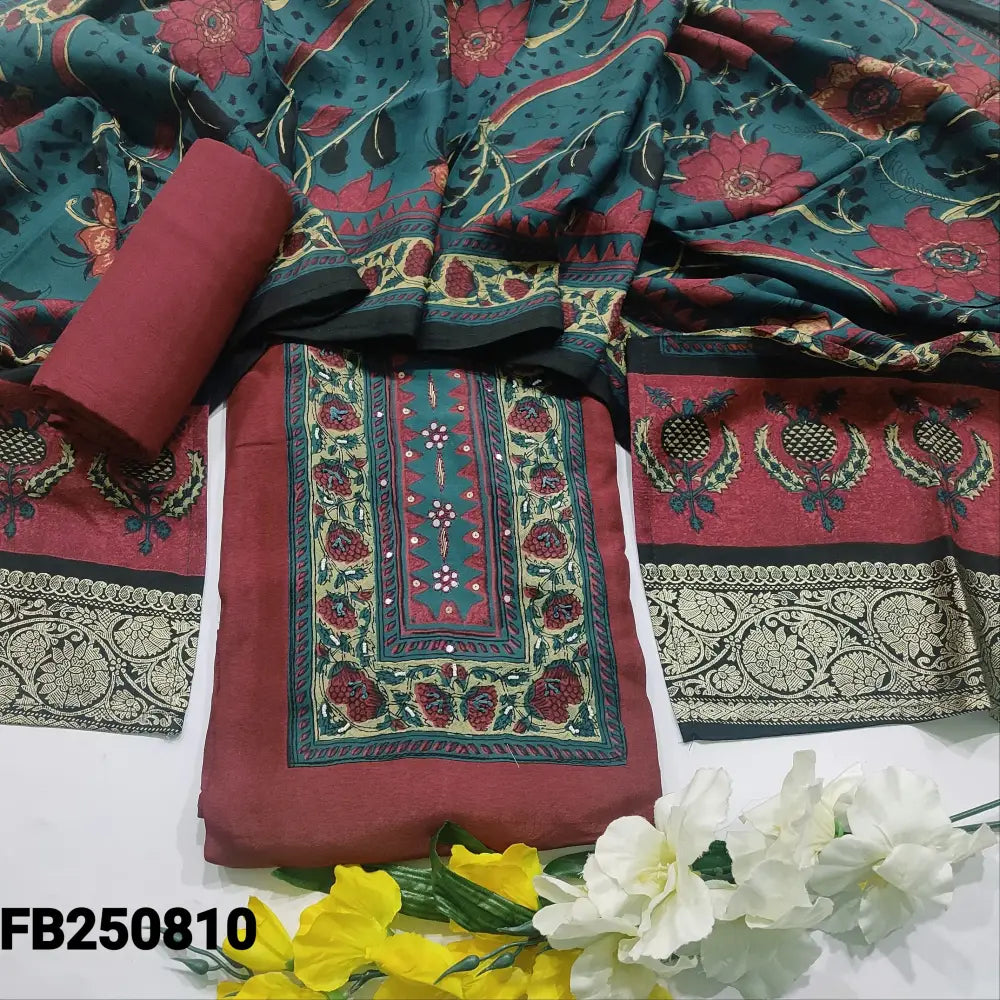 CODE FB250810: Dark pinkish maroon dola silk unstitched salwar material printed yoke with faux mirror& zardozi(lining