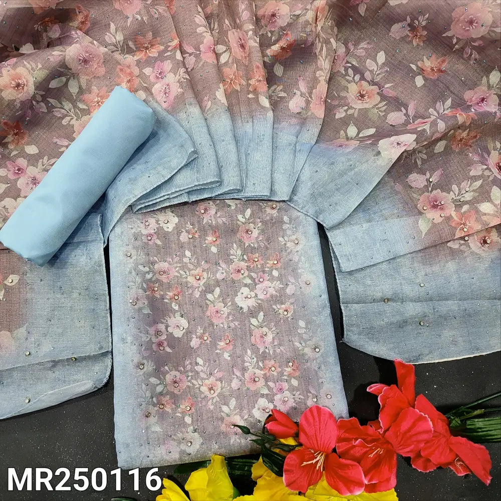 CODE MR250116: Powder blue sobar floral printed tissue silk cotton unstitched salwar material glitter work