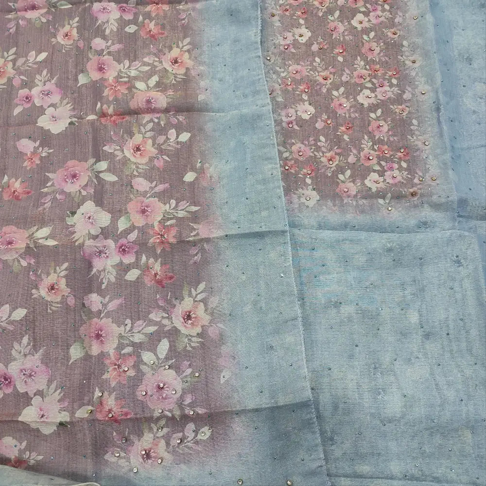 CODE MR250116: Powder blue sobar floral printed tissue silk cotton unstitched salwar material glitter work