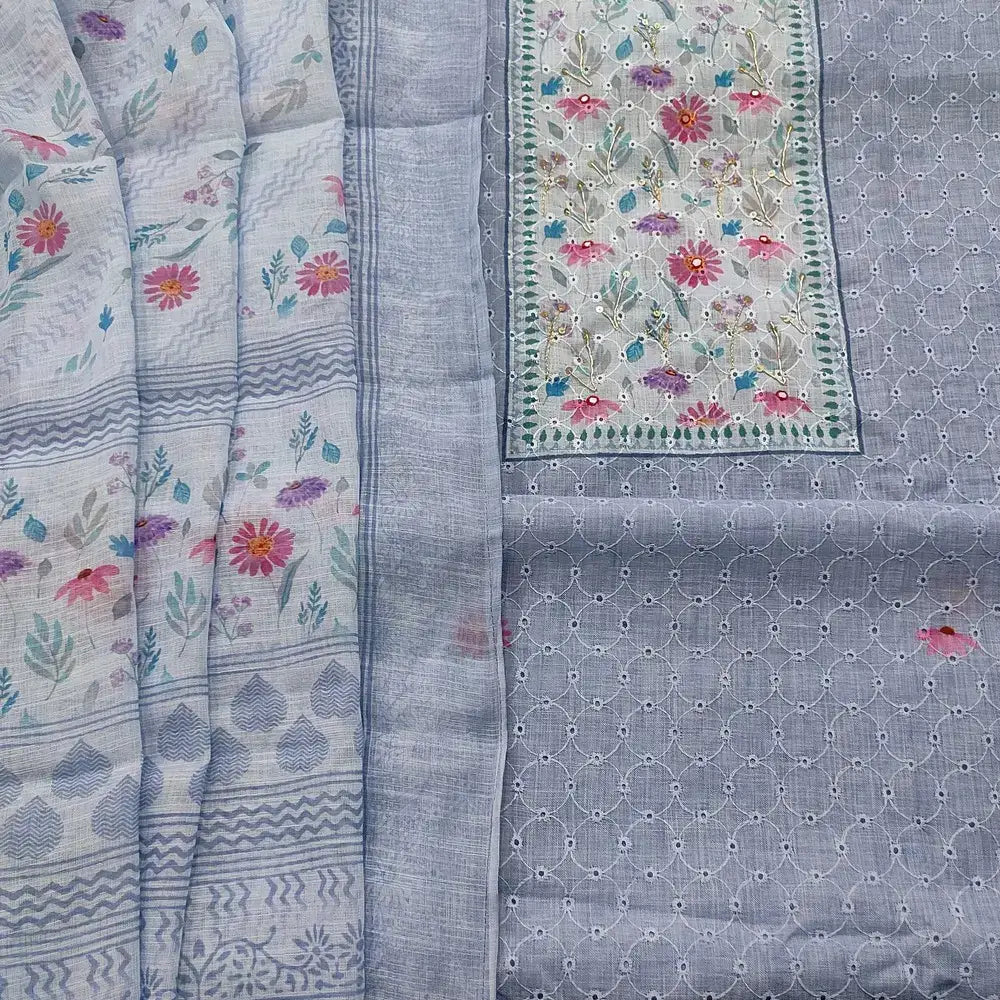Powder blue schiffli embroidered semi linen salwar material ap251807-Neidhal