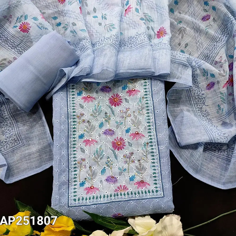 Powder blue schiffli embroidered semi linen salwar material ap251807-Neidhal