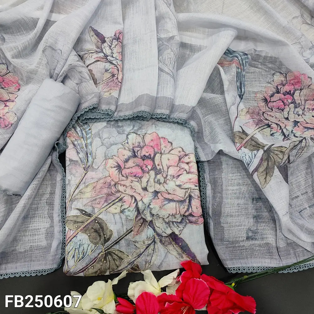 CODE FB250607: Powder blue semi linen unstitched salwar material zari& zardozi work on daman(thin fabric lining