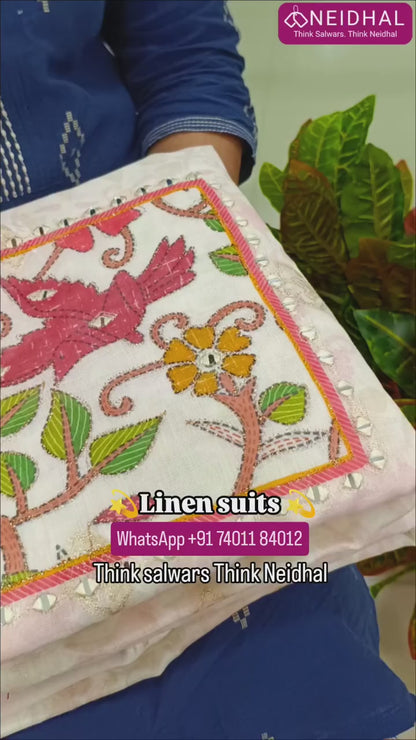Half white base linen unstitched salwar material (lining needed)multicoloured yoke with real mirror,zari detailing, self design and zari woven all over,Maroon silk cotton bottom, zari woven and multicolor premium linen dupatta with rich pallu. FB260717