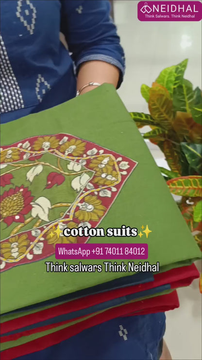 Olive green premium cotton unstitched salwar material, kalamkari printed yoke with sequins and kantha stitch detailing(lining optional)teal blue cotton bottom,kalamkari printed short width pure mul cotton dupatta. FB260705