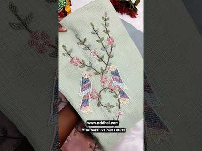 Designer bluish grey premium kota unstitched salwar material, rich bead work on yoke(thin, lining needed)matching spun cotton bottom, embroidered premium kota dupatta with lace tapings. CODE JL250804