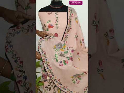 Pastel pink designer digital printed premium linen unstitched salwar material, hand embroidered on front(thin fabric, lining needed)matching santoon bottom, digital printed pure linen dupatta with hand embroidered. CODE MY250402