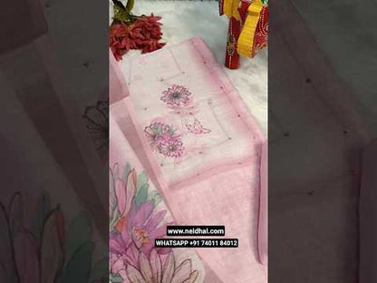 Light beige semi linen unstitched salwar material, floral printed yoke with sequins work(thin, lining needed)matching santoon bottom, floral printed semi linen dupatta with silver tissue borders. CODE JL253113