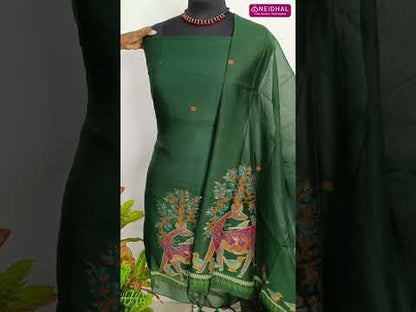 Black jamdani woven premium silk cotton unstitched salwar material, deer design on front(thin, lining needed)matching silk cotton bottom, jamdani woven premium silk cotton full length dupatta with tassels. CODE SP250908