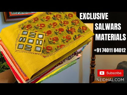 Light mehandhi yellow designer premium cotton unstitched salwar material,(lining needed)matching pure cotton bottom, block printed pure mul cotton dupatta. CODE JA251803
