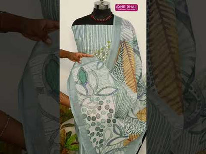 Bluish grey vertical printed semi linen unstitched salwar material, hand embroidery& bead work on yoke(thin, lining needed)matching santoon bottom, abstract printed semi linen dupatta with silver tissue borders. CODE SP250809