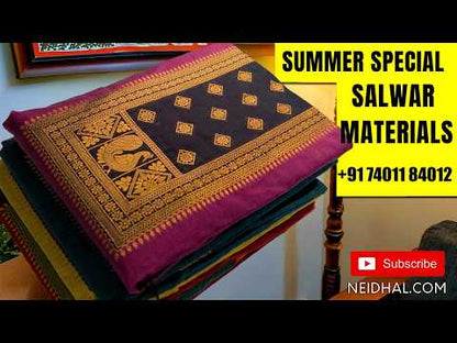 Dark teal blue and dark blue premium silk cotton benarasi zari woven unstitched salwar material, zari weaving on yoke&daman(Lightweight, Lining Needed)matching silk cotton bottom, zari wove silk cotton dupatta. SP261610