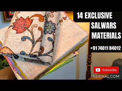 Light grey printed soft cotton unstitched salwar material, zardozi& thread work on yoke(lining needed)matching lining provided, NO BOTTOM, printed soft cotton dupatta. CODE FB251912