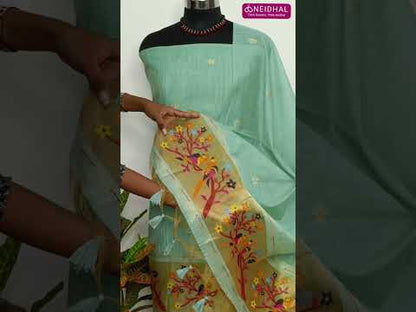 Pastel Pink premium silk cotton jamdani woven unstitched salwar material, rich paithani weaving on daman (Thin, Lining Needed) Matching silk cotton bottom, Jamdani woven full legnth dupatta with paithani weaving on pallu and tassels. OC250304