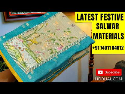 Dark Pink premium dola silk unctitched salwar material, zari and bead detailing on yoke (Thin, Silky, Lining Needed) Matching Santoon Bottom, Premium dola silk short width dupatta. SP252419