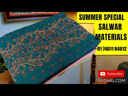 Light greyish blue kota unstitched salwar material,embroidery work with bead work ,lace detailing  and thread work on yoke,(Lining Needed)spun cotton bottom, embroidery work on kota dupatta. SP263003