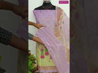 Lavender with yellow digital printed slub silk cotton unstitched salwar material, rich daman with handwork (Textured, Thin, Lining Needed) Matching bottom, Digital Printed Short Width Dupatta. OC250318